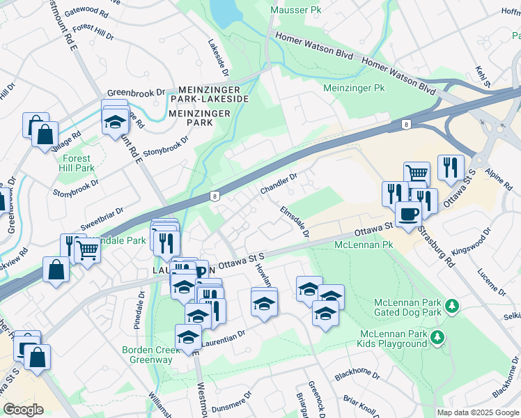 map of restaurants, bars, coffee shops, grocery stores, and more near 14 Leacrest Court in Kitchener