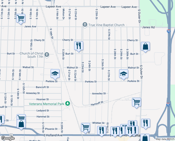 map of restaurants, bars, coffee shops, grocery stores, and more near 605 South 24th Street in Saginaw