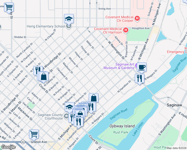 map of restaurants, bars, coffee shops, grocery stores, and more near 808 Hayes Street in Saginaw