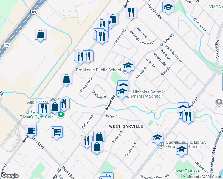 map of restaurants, bars, coffee shops, grocery stores, and more near 518 Warminster Drive in Oakville