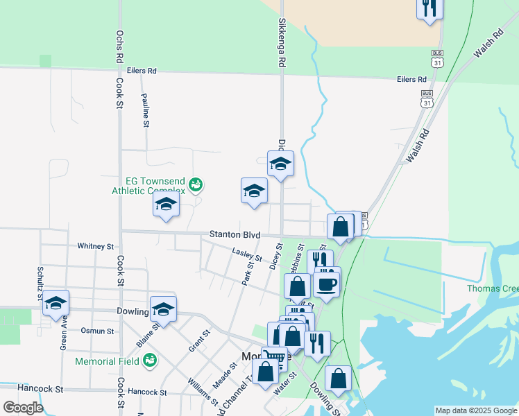 map of restaurants, bars, coffee shops, grocery stores, and more near 4700 Stanton Boulevard in Montague