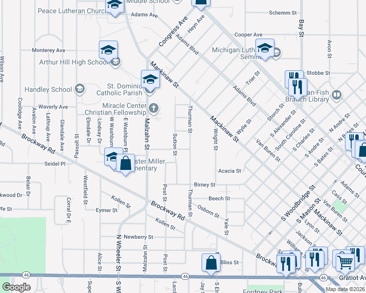map of restaurants, bars, coffee shops, grocery stores, and more near 1712 Lessur Street in Saginaw