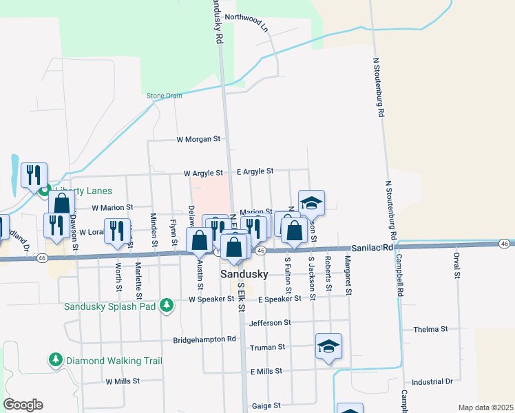 map of restaurants, bars, coffee shops, grocery stores, and more near 191 North Moore Street in Sandusky
