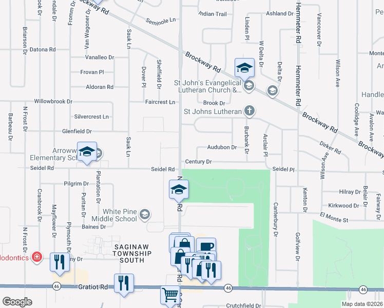 map of restaurants, bars, coffee shops, grocery stores, and more near 1063 Maywood Drive in Saginaw