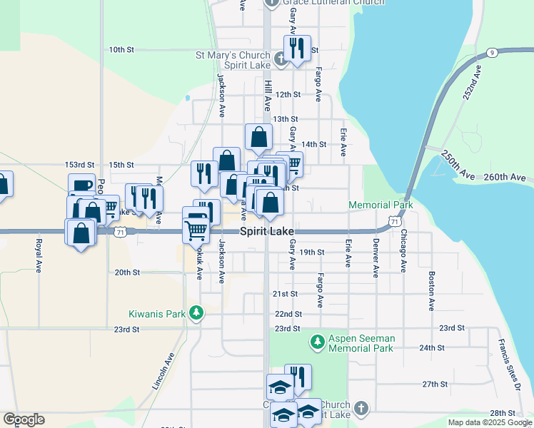map of restaurants, bars, coffee shops, grocery stores, and more near 1703 Hill Avenue in Spirit Lake