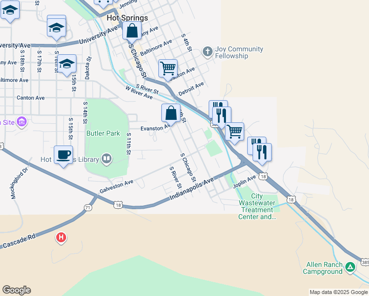 map of restaurants, bars, coffee shops, grocery stores, and more near 800-898 S Chicago St in Hot Springs