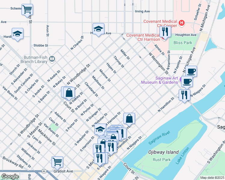 map of restaurants, bars, coffee shops, grocery stores, and more near 507 North Porter Street in Saginaw