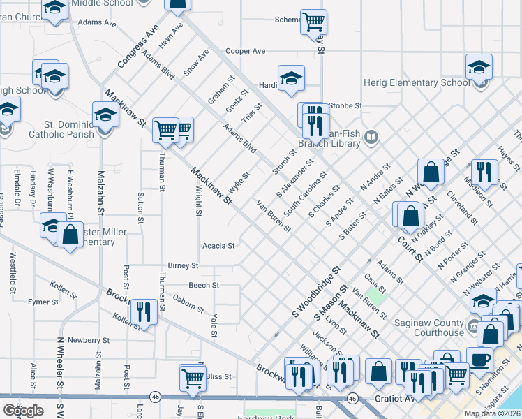 map of restaurants, bars, coffee shops, grocery stores, and more near 1903 Van Buren Street in Saginaw