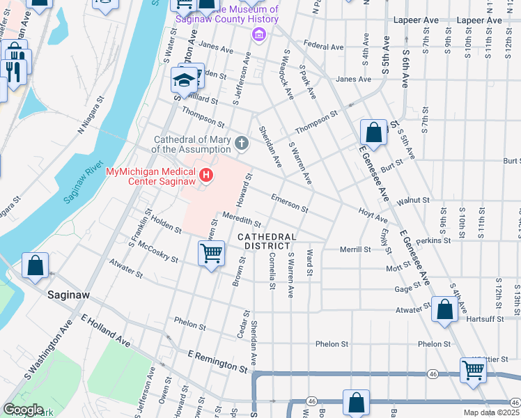 map of restaurants, bars, coffee shops, grocery stores, and more near 731 Simoneau Street in Saginaw