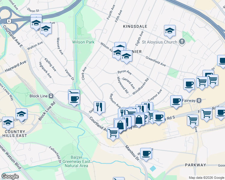 map of restaurants, bars, coffee shops, grocery stores, and more near 217 Woodhaven Road in Kitchener