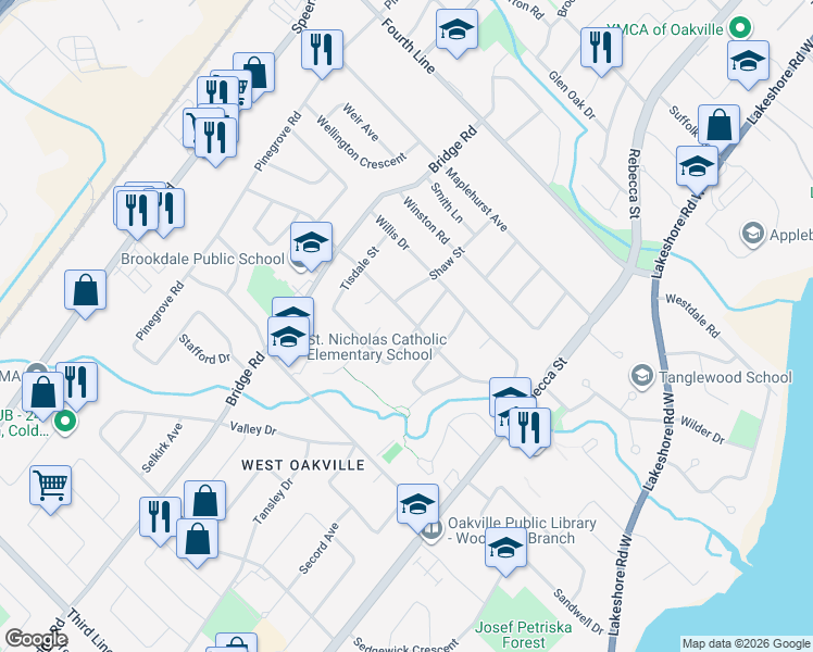 map of restaurants, bars, coffee shops, grocery stores, and more near 410 Lees Lane in Oakville