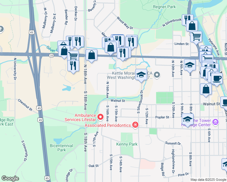 map of restaurants, bars, coffee shops, grocery stores, and more near 106 North 15th Avenue in West Bend