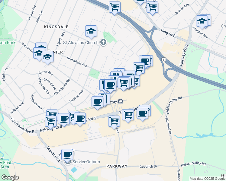 map of restaurants, bars, coffee shops, grocery stores, and more near 3085 Kingsway Drive in Kitchener