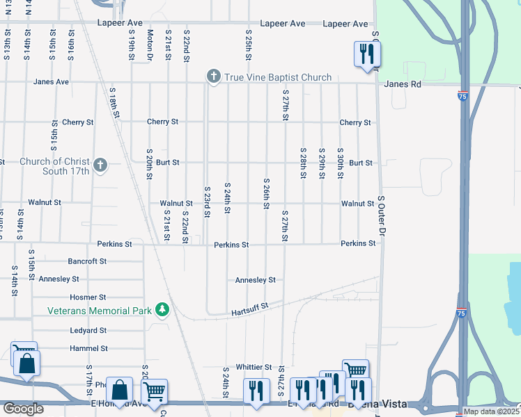 map of restaurants, bars, coffee shops, grocery stores, and more near 606 South 25th Street in Saginaw