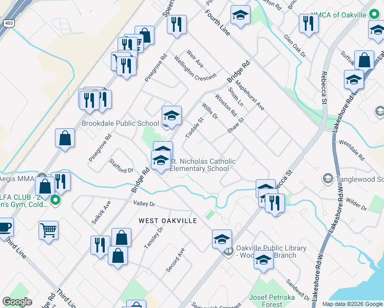 map of restaurants, bars, coffee shops, grocery stores, and more near 447 Tower Drive in Oakville