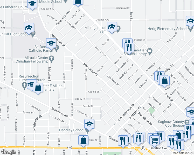 map of restaurants, bars, coffee shops, grocery stores, and more near 2011 Mackinaw Street in Saginaw
