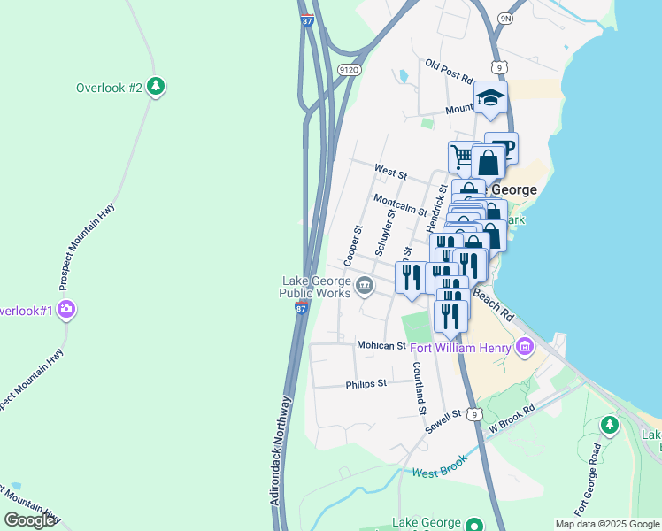 map of restaurants, bars, coffee shops, grocery stores, and more near 66 Chestnut Street in Lake George