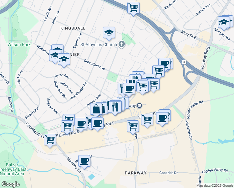 map of restaurants, bars, coffee shops, grocery stores, and more near 400 Wilson Avenue in Kitchener