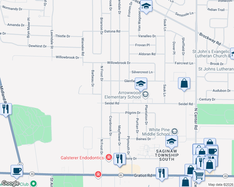 map of restaurants, bars, coffee shops, grocery stores, and more near 1067 Allendale Drive in Saginaw