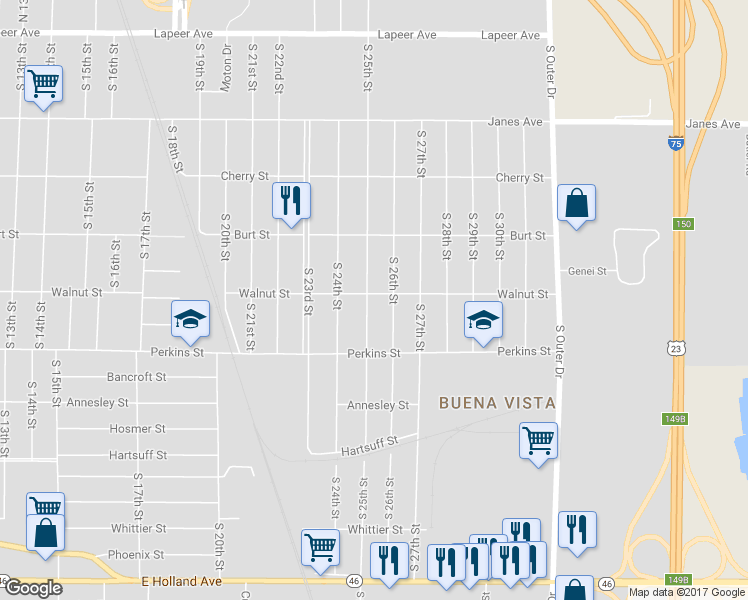 map of restaurants, bars, coffee shops, grocery stores, and more near 606 South 25th Street in Saginaw