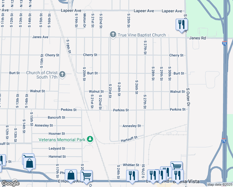 map of restaurants, bars, coffee shops, grocery stores, and more near 605 South 24th Street in Saginaw
