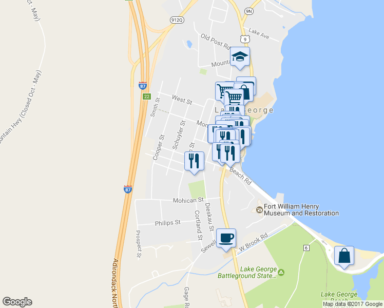 map of restaurants, bars, coffee shops, grocery stores, and more near 72 McGillis Avenue in Lake George