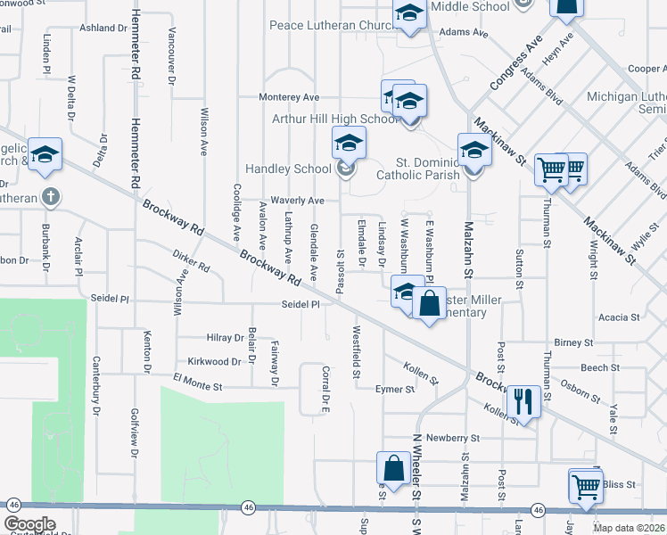 map of restaurants, bars, coffee shops, grocery stores, and more near 1095 Passolt Street in Saginaw