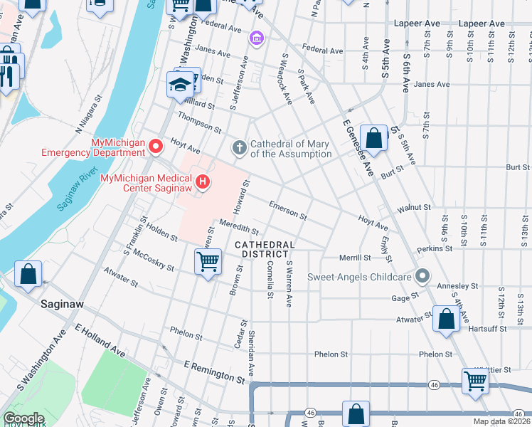 map of restaurants, bars, coffee shops, grocery stores, and more near 731 Simoneau Street in Saginaw