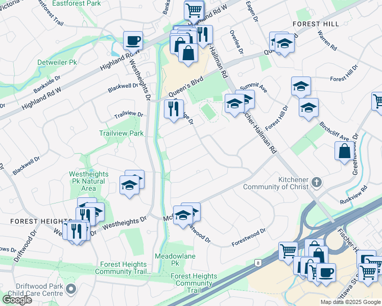 map of restaurants, bars, coffee shops, grocery stores, and more near 178 Silver Aspen Crescent in Kitchener
