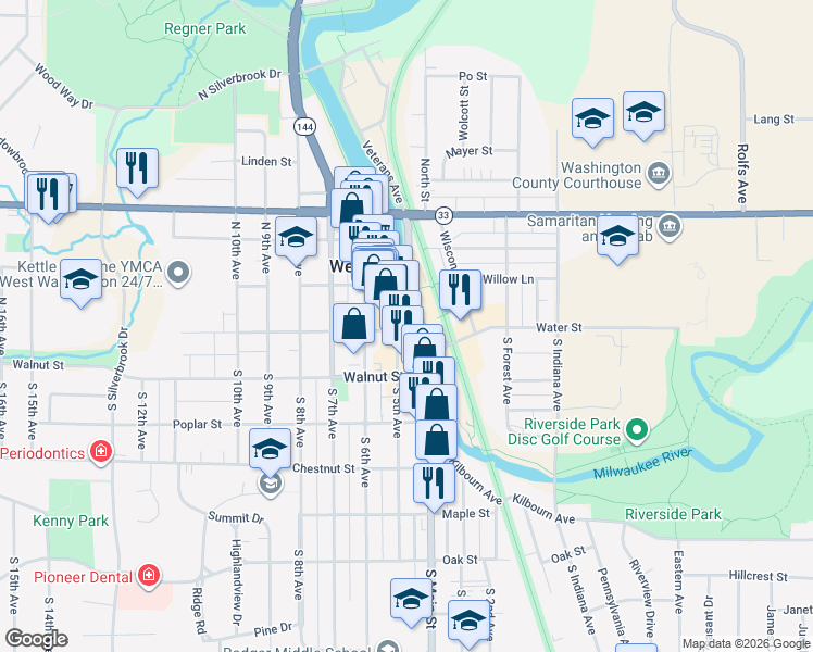 map of restaurants, bars, coffee shops, grocery stores, and more near 103 South Main Street in West Bend