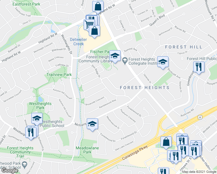 map of restaurants, bars, coffee shops, grocery stores, and more near 86 Elm Ridge Drive in Kitchener