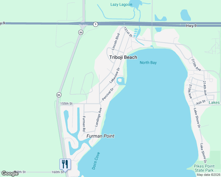 map of restaurants, bars, coffee shops, grocery stores, and more near 15427 Percival Drive in Spirit Lake
