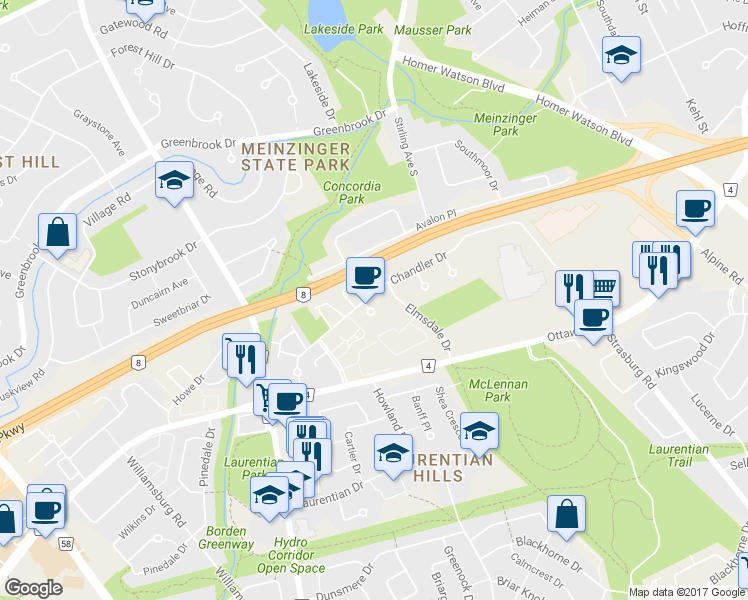 map of restaurants, bars, coffee shops, grocery stores, and more near 169 Chandler Drive in Kitchener