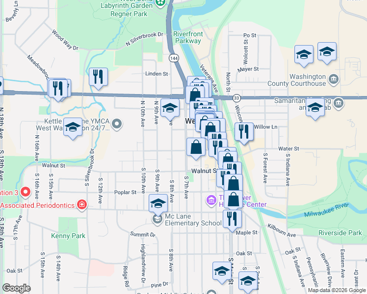 map of restaurants, bars, coffee shops, grocery stores, and more near 106 North 7th Avenue in West Bend