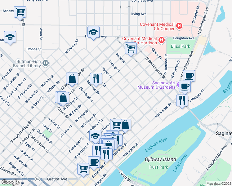 map of restaurants, bars, coffee shops, grocery stores, and more near 607 North Granger Street in Saginaw