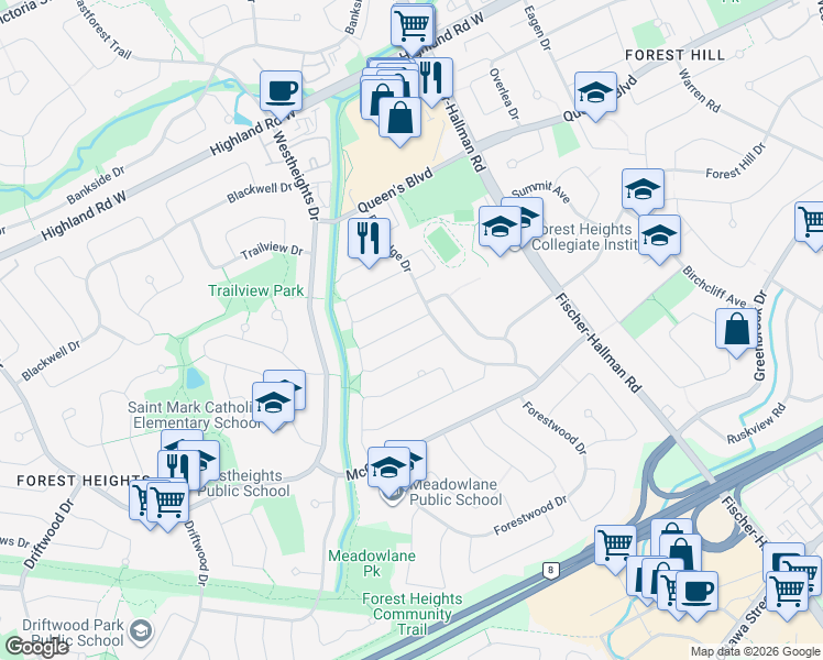 map of restaurants, bars, coffee shops, grocery stores, and more near 184 Silver Aspen Crescent in Kitchener