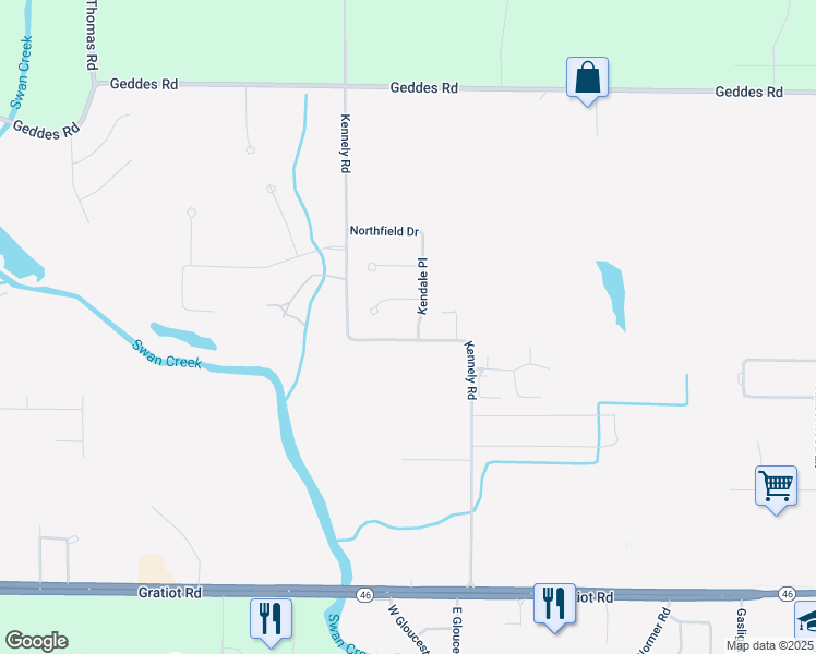 map of restaurants, bars, coffee shops, grocery stores, and more near 1025 Kendale Place in Saginaw