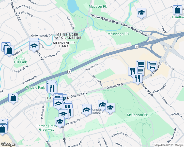 map of restaurants, bars, coffee shops, grocery stores, and more near 17 Elmsdale Drive in Kitchener