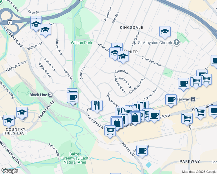 map of restaurants, bars, coffee shops, grocery stores, and more near 217 Woodhaven Road in Kitchener