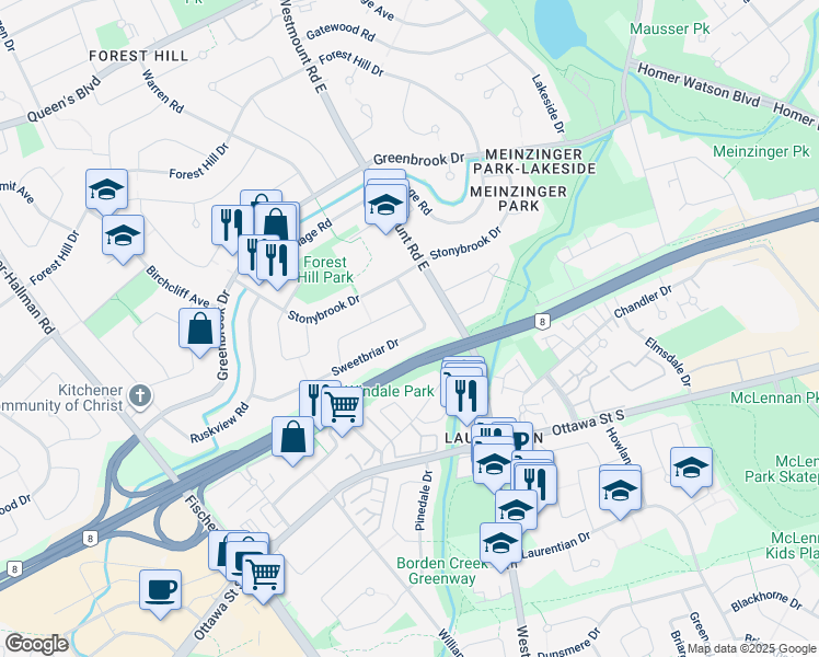 map of restaurants, bars, coffee shops, grocery stores, and more near 67 Sweetbriar Drive in Kitchener