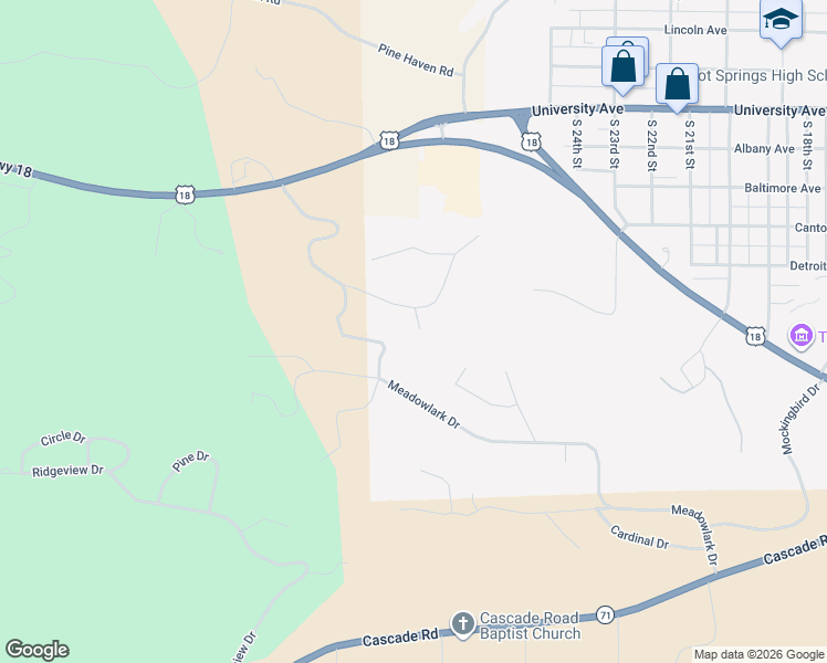 map of restaurants, bars, coffee shops, grocery stores, and more near Fern Circle in Hot Springs