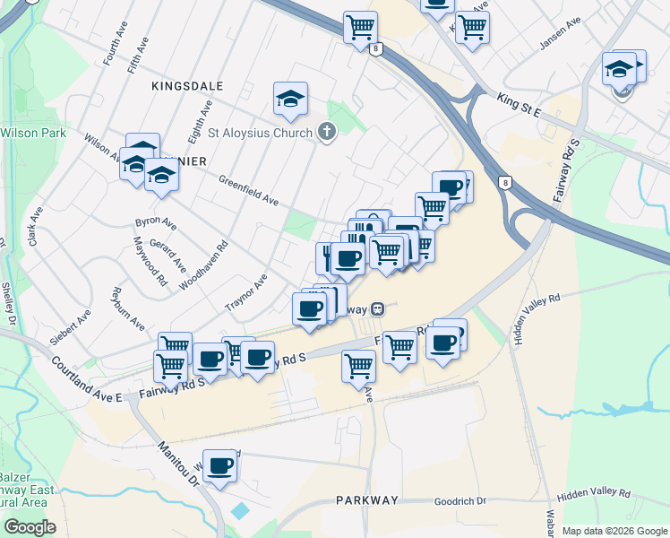 map of restaurants, bars, coffee shops, grocery stores, and more near in Kitchener