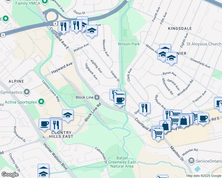 map of restaurants, bars, coffee shops, grocery stores, and more near 43 Hillmount Street in Kitchener