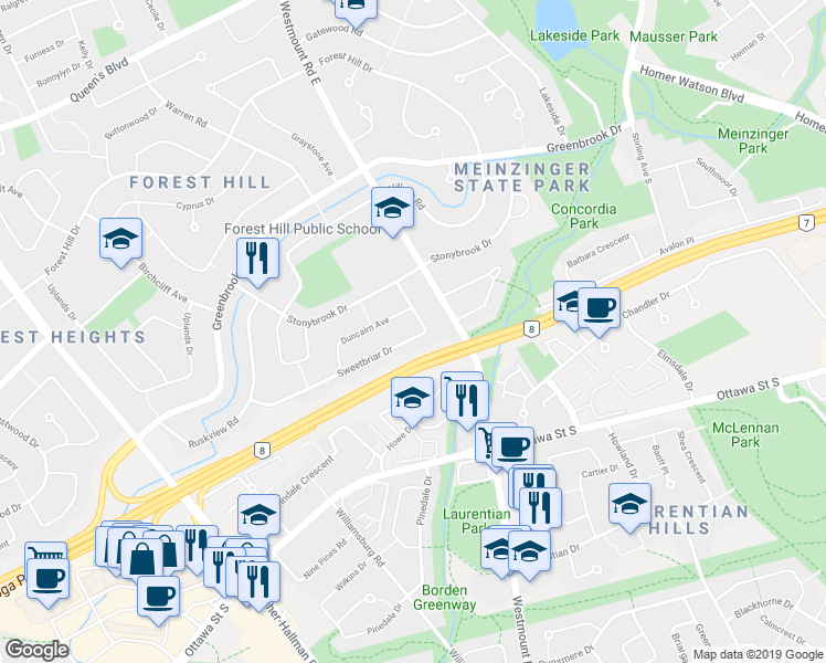 map of restaurants, bars, coffee shops, grocery stores, and more near 67 Sweetbriar Drive in Kitchener