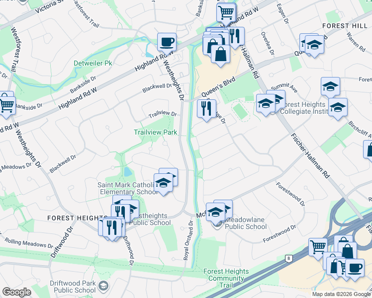 map of restaurants, bars, coffee shops, grocery stores, and more near in Kitchener