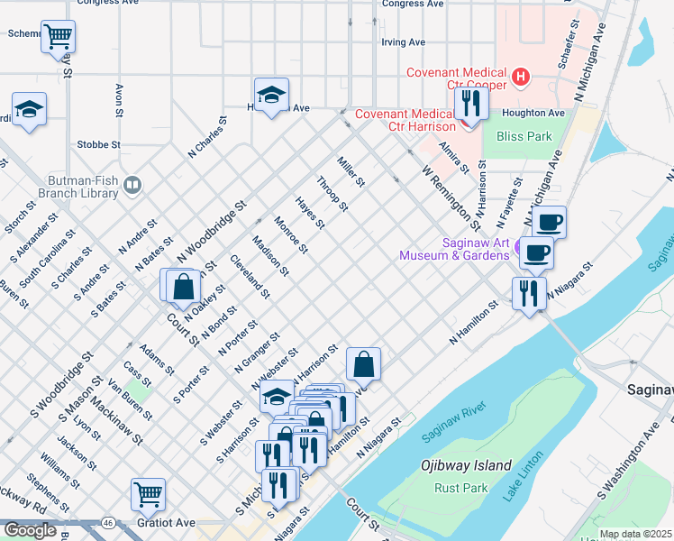 map of restaurants, bars, coffee shops, grocery stores, and more near 607 North Granger Street in Saginaw