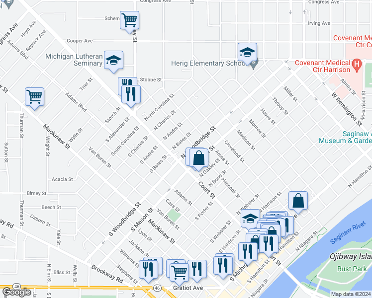 map of restaurants, bars, coffee shops, grocery stores, and more near in Saginaw