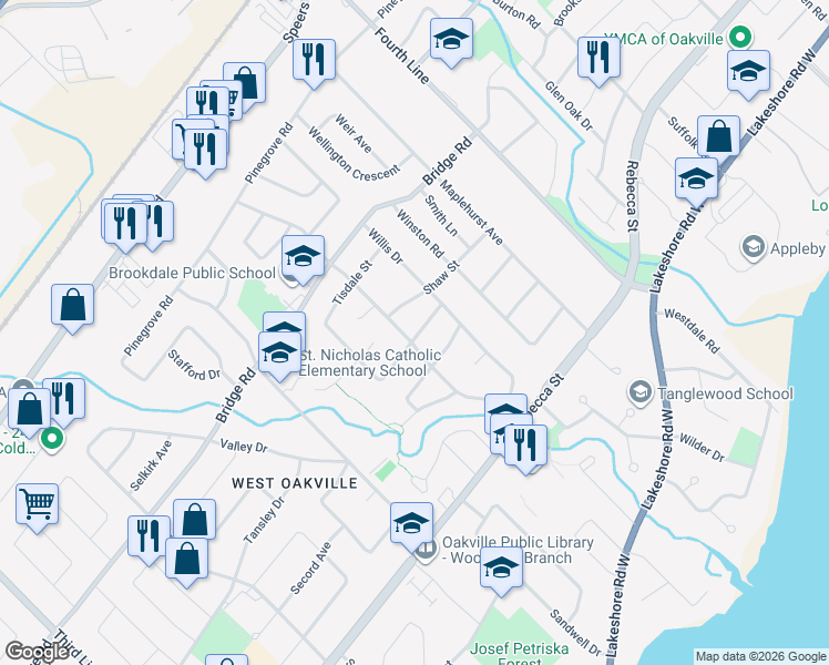 map of restaurants, bars, coffee shops, grocery stores, and more near 410 Lees Lane in Oakville