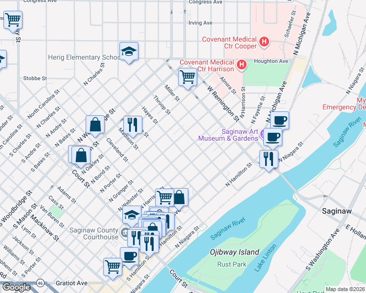 map of restaurants, bars, coffee shops, grocery stores, and more near 808 Hayes Street in Saginaw