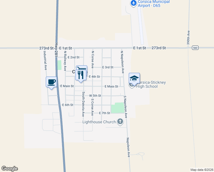 map of restaurants, bars, coffee shops, grocery stores, and more near 501-599 East Main Street in Corsica